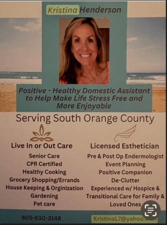 Domestic Assistant-Caregiver Available now (Southbay-Westside)