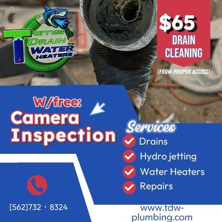 $65 Drain Cleaning and Plumbing with Camera Inspection (Water Heater Service $95)