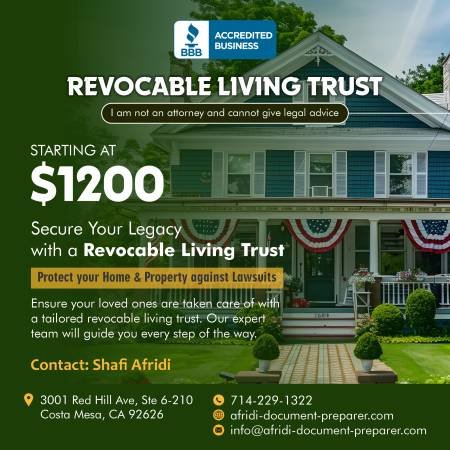 Cheap Living Trust Preparation Services Serving All of California $1200 (Los Angeles County)