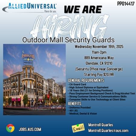 Luxury Outdoor Mall Security Officers, $21.60/Hour (Glendale)
